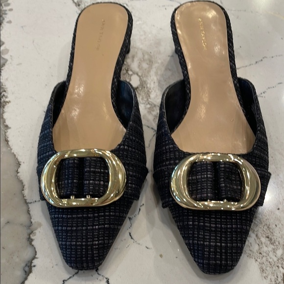 Ann Taylor Women's Black Mules with Gold Buckle 7.5 M - Picture 1 of 5